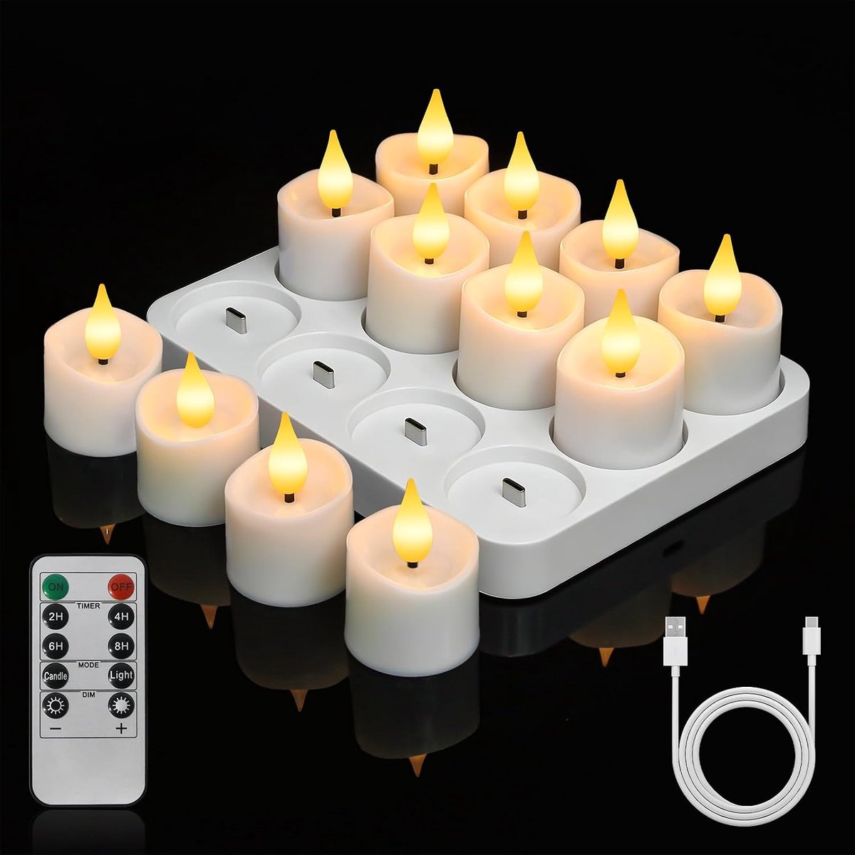 Led-theelichtjes, 12 stuks, oplaadbaar met afstandsbediening, timer en dimfunctie, warmwit - ShopVlot