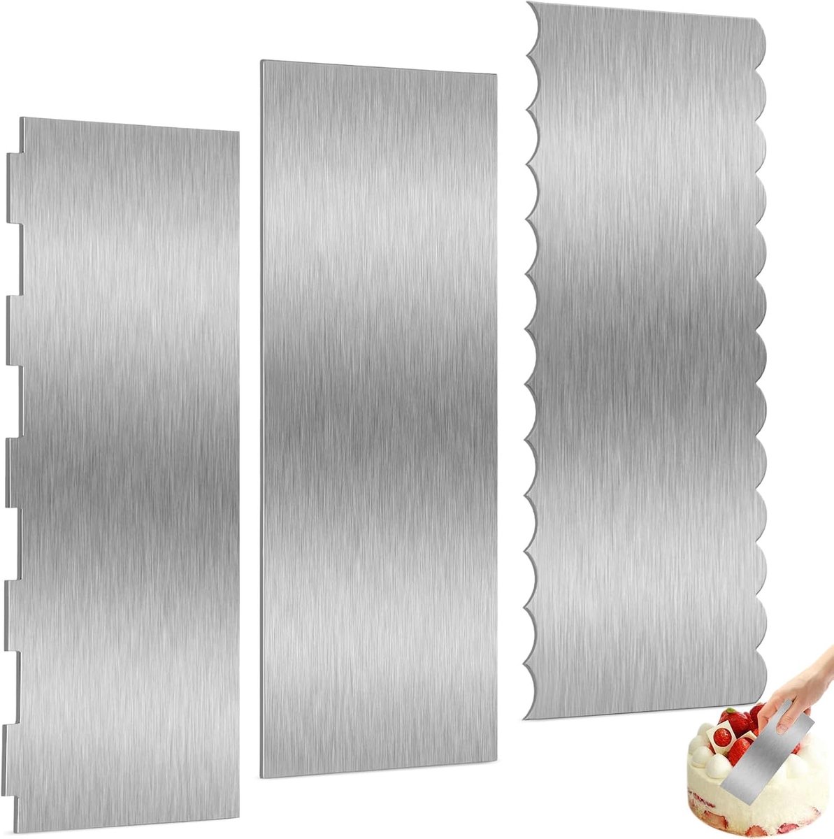 3pcs Stainless Steel Cake Spatulas, 22 x 8 cm, Metal Side Scraper, 2-in-1 Cake Comb, Cake Decorating Comb, Scraper - ShopVlot