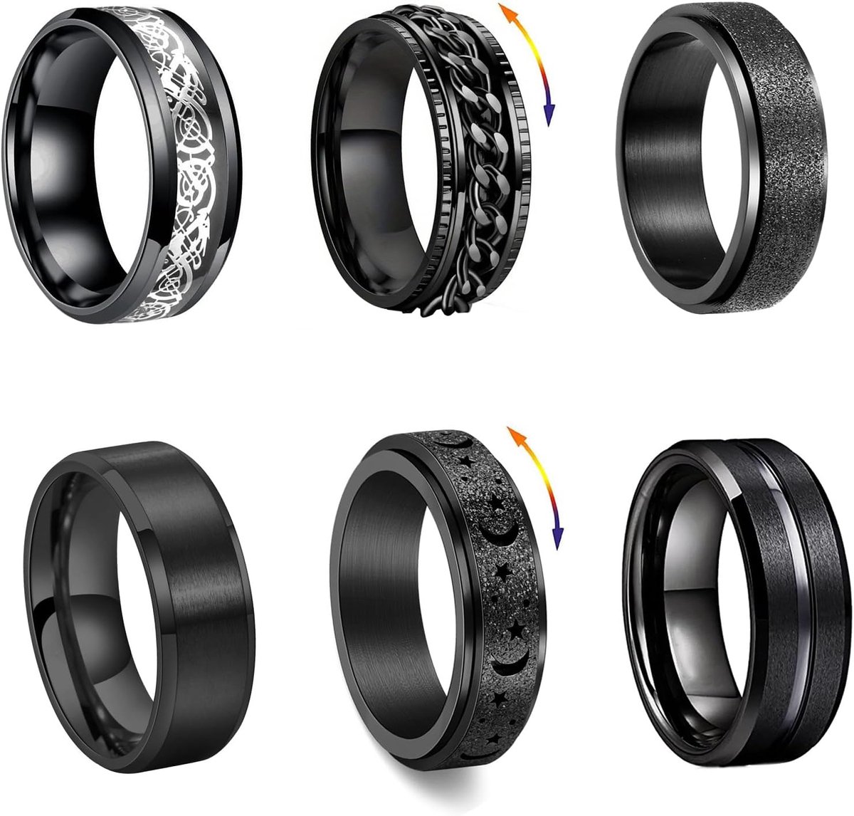 6 Pcs Silver Black Mens Rings, Stainless Steel Rings for Men Women Chain Ring Bottle Opener Wedding Engagement Promise - ShopVlot