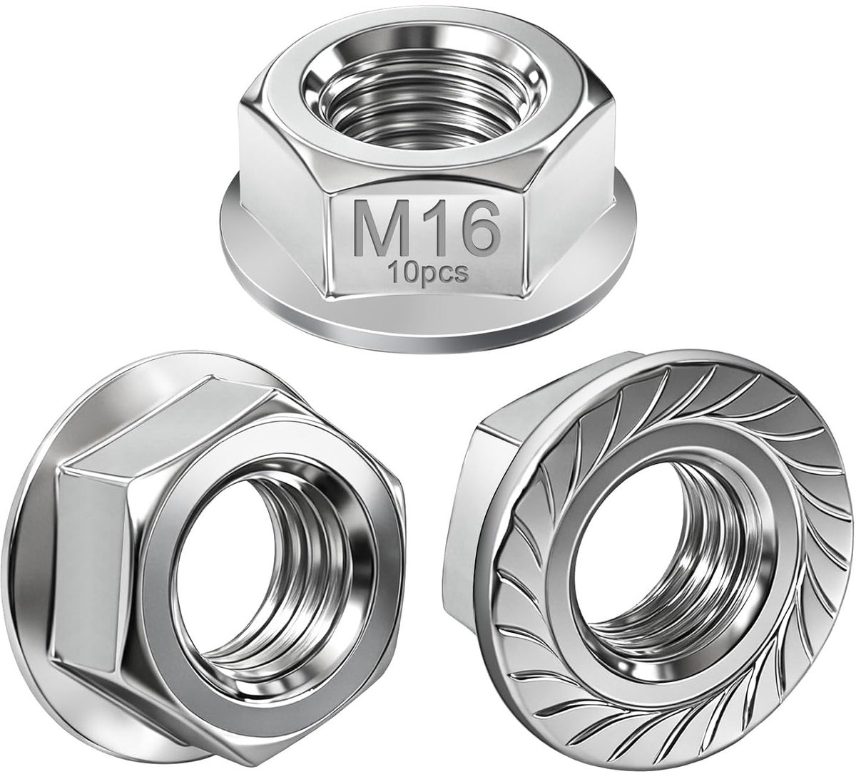 Pack of 10 Flange Nuts, M16 Nuts, DIN 6923 Hex Nuts with Flange and Blocking Teeth, Carbon Steel M16 Locking Nuts - ShopVlot