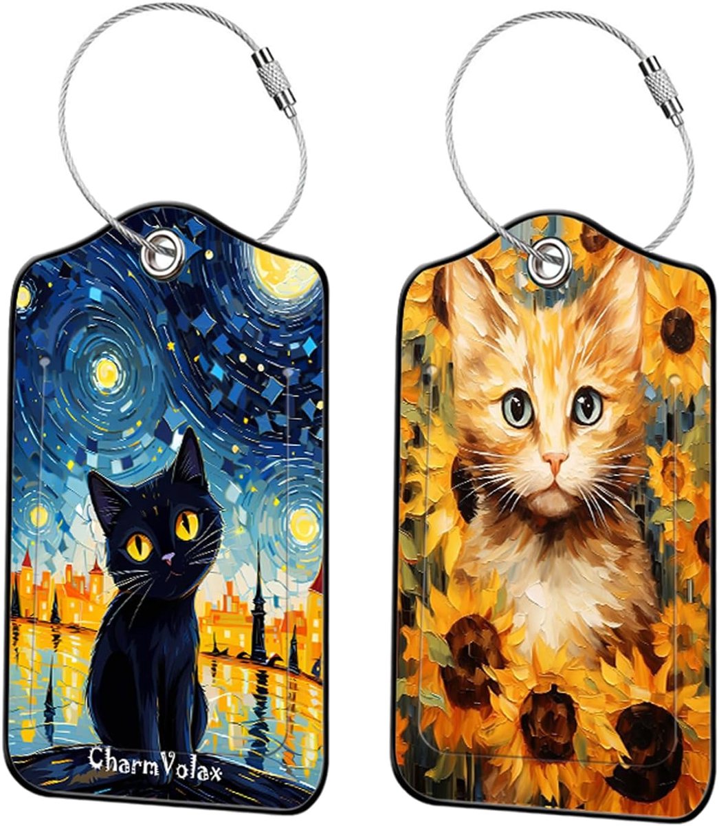 2pcs Luggage Tags for Suitcases, Star Night Cat Sunflower Cat Suitcase Tags Leather PU Safe Suitcase Labels for - ShopVlot