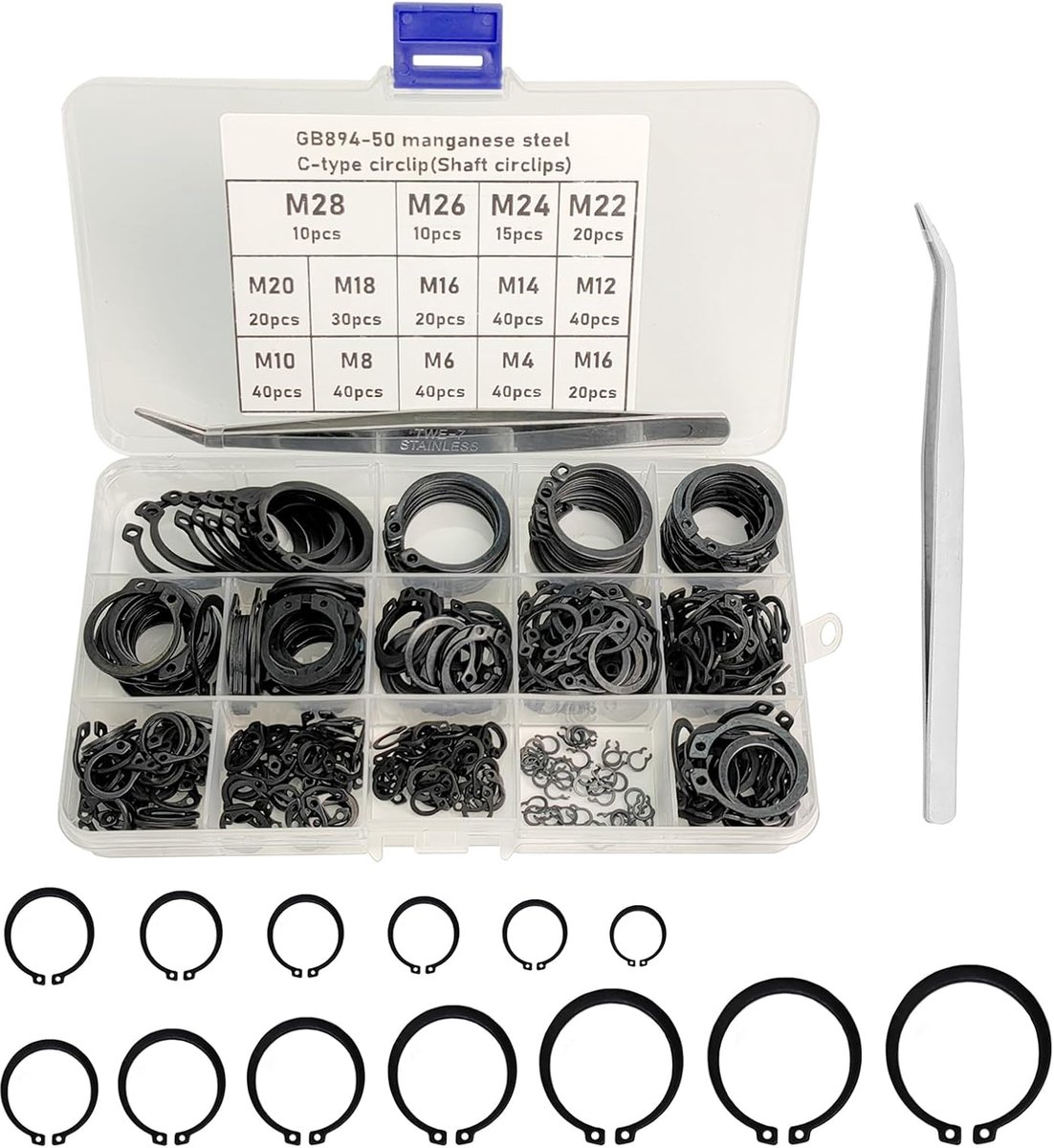 385 Pcs Retaining Ring Set Black, Carbon Steel Assortment Jump Ring, 13 Sizes M4-M28, C-Clip External Cirlip Bearing - ShopVlot