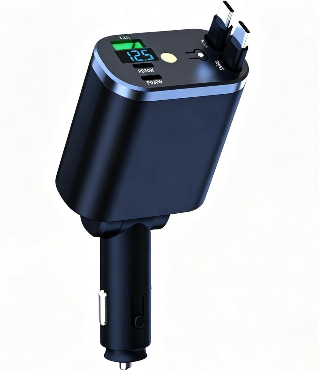 4-in-1 Retractable Car Charger USB C120W Super Fast, Cigarette Lighter Charger with Dual Retractable Cable 70cm - ShopVlot