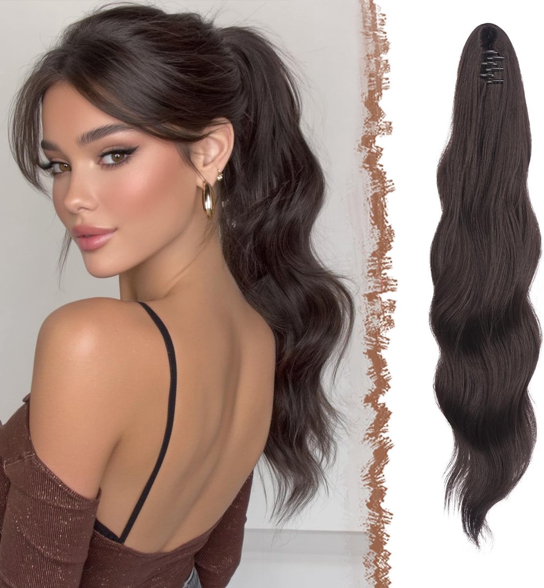 FESHFEN Wavy Ponytail Extensions - 50cm Long Ponytails Claw Clip in Hair Ponytail Extensions Dark Brown Hair - ShopVlot
