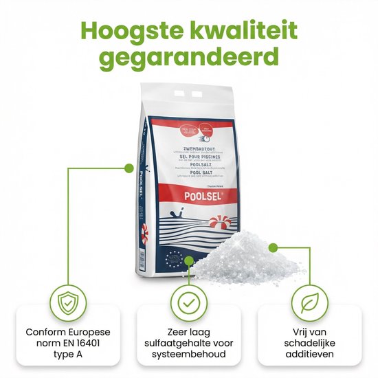 Zak zwemzout 15 kg. Conforme Europese norm EN 16401 type A. Zeer laag sulfaatgehalte voor systeemboud. Vrij van schadelijke additieven.