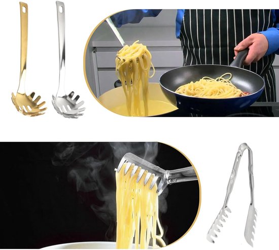 Set of 3 spaghetti tongs, serrated fork, spaghetti tongs, stainless steel, silver, pasta spoon, gold spaghetti spoon - ShopVlot — afbeelding 3