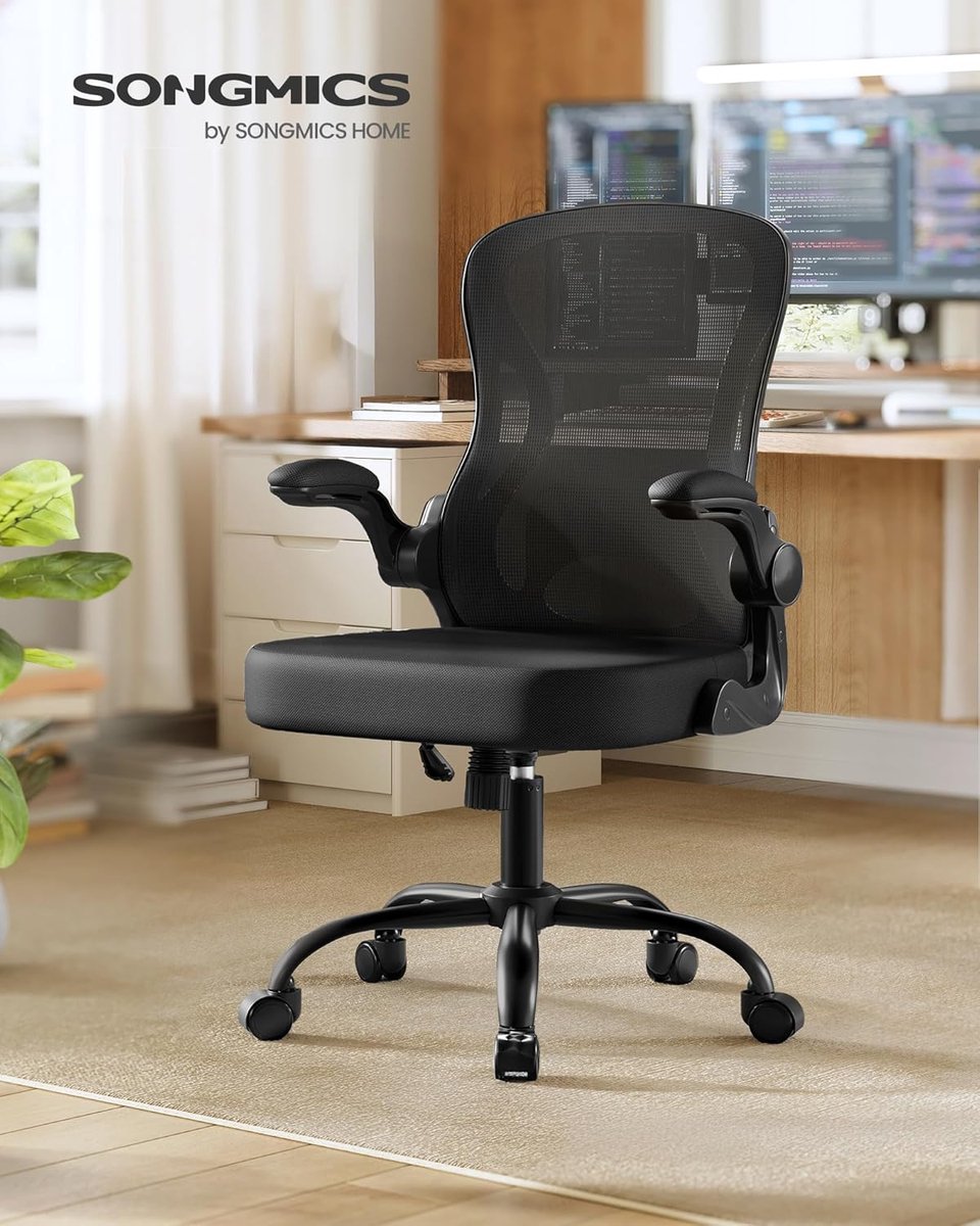 SONGMICS - Ergonomische Bureaustoel - Ademend Mesh - Hoogte Verstelbaar - met Opklapbare Armleuningen en Lendensteun, 61,5 x 58,5 x 104,5 cm, voor Kantoor, Inkt zwart, KIME Collectie