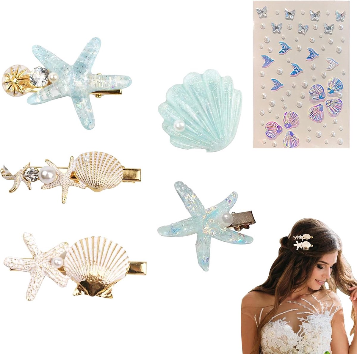 Haarschmuck Set 6 delig - Zeestern en Muschel - Zee thema - Perfect voor feesten - ShopVlot