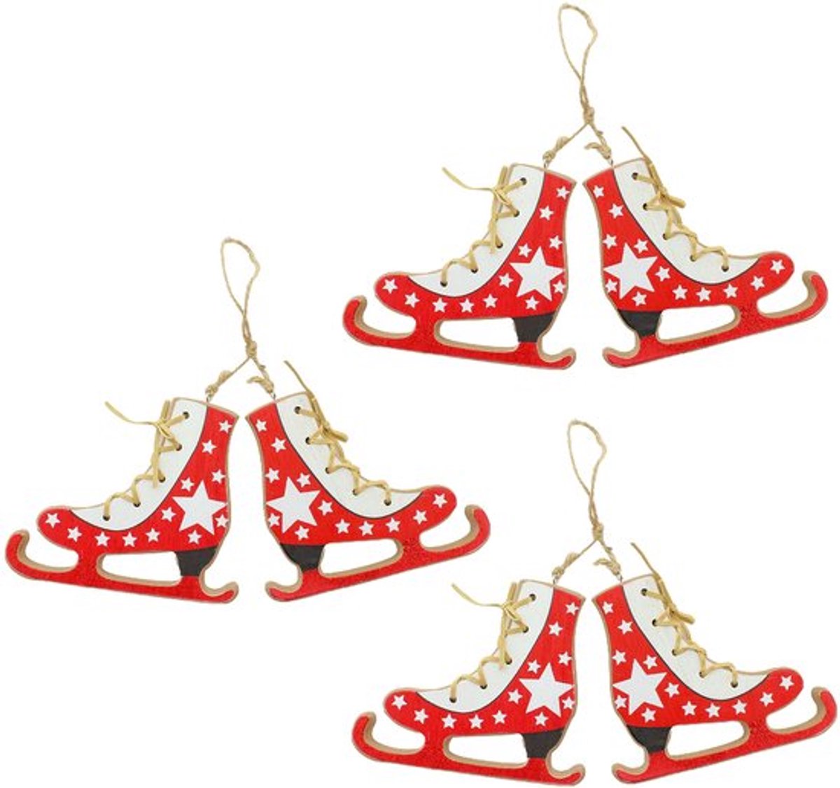 Kersthangers Set van 3 Paar Houten Schaatsen - Decoratieve Boomversiering - Hangornamenten - Jute Koord - 14 x 11 cm - Kerstdecoratie