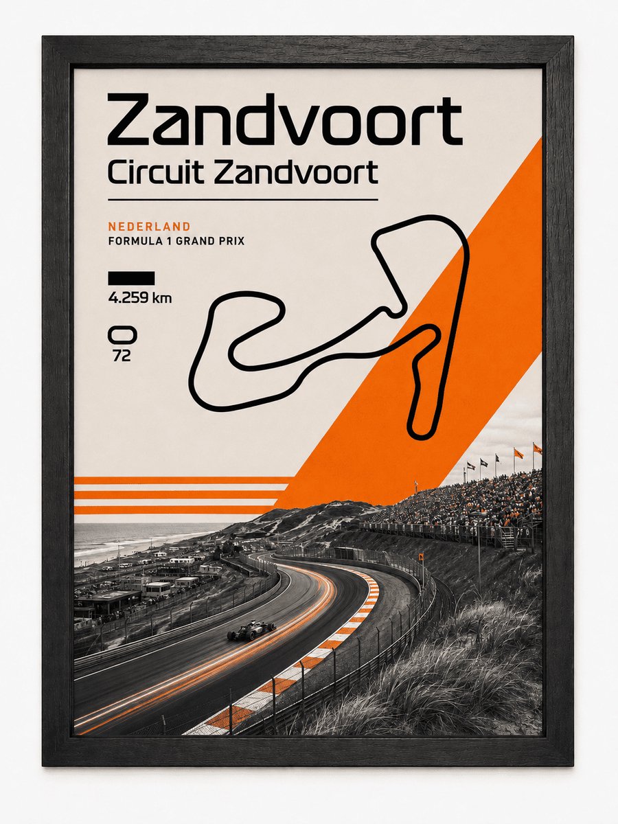 Zandvoort Circuit Poster | Nederlandse Formule 1 Grand Prix | F1 wanddecoratie | Inclusief zwarte A4 lijst