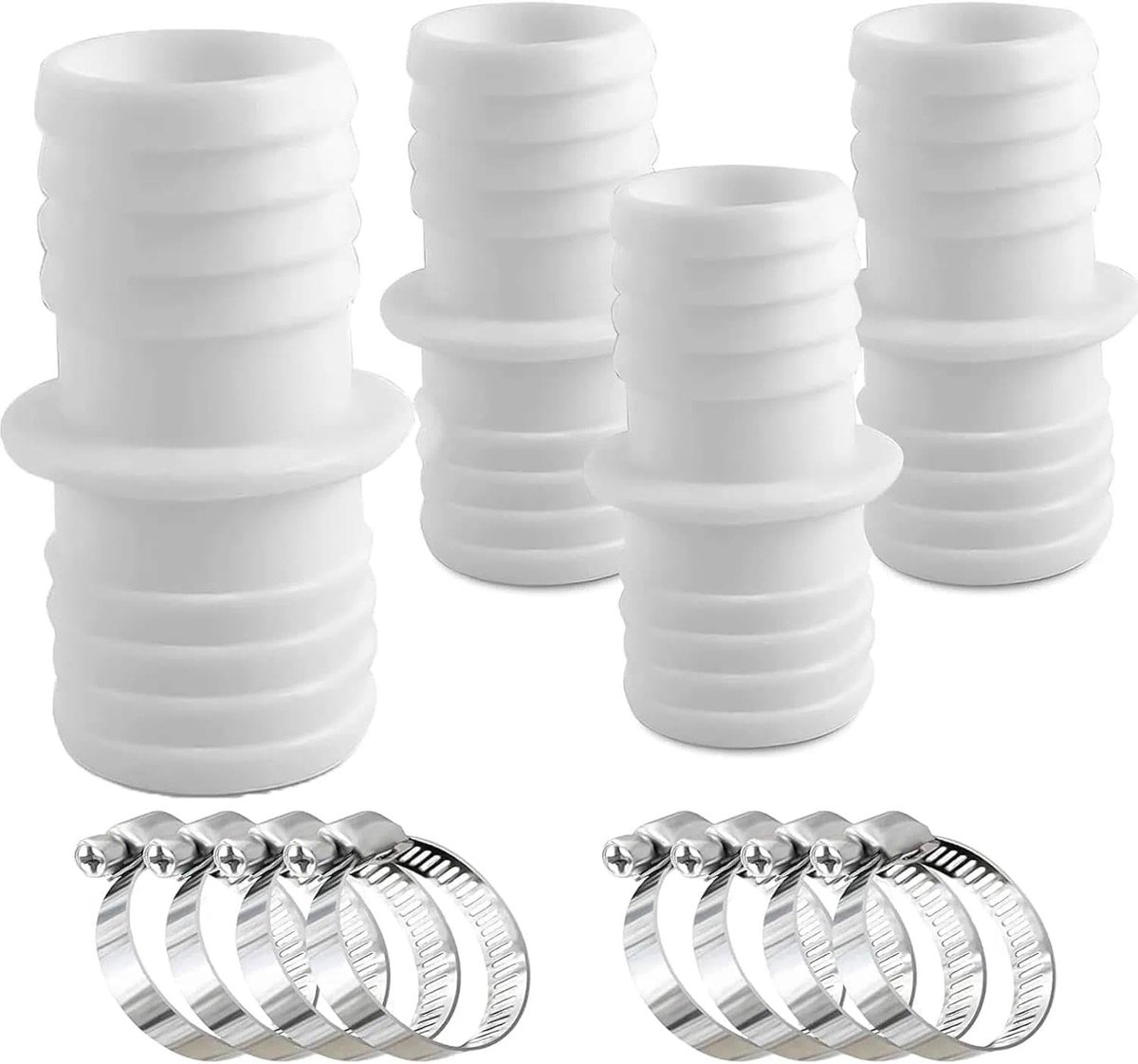 Zwembadslang koppeling 38mm - 4 stuks met RVS slangklemmen - Wit PP - Ideaal voor filterpomp en zwembadpomp - ShopVlot
