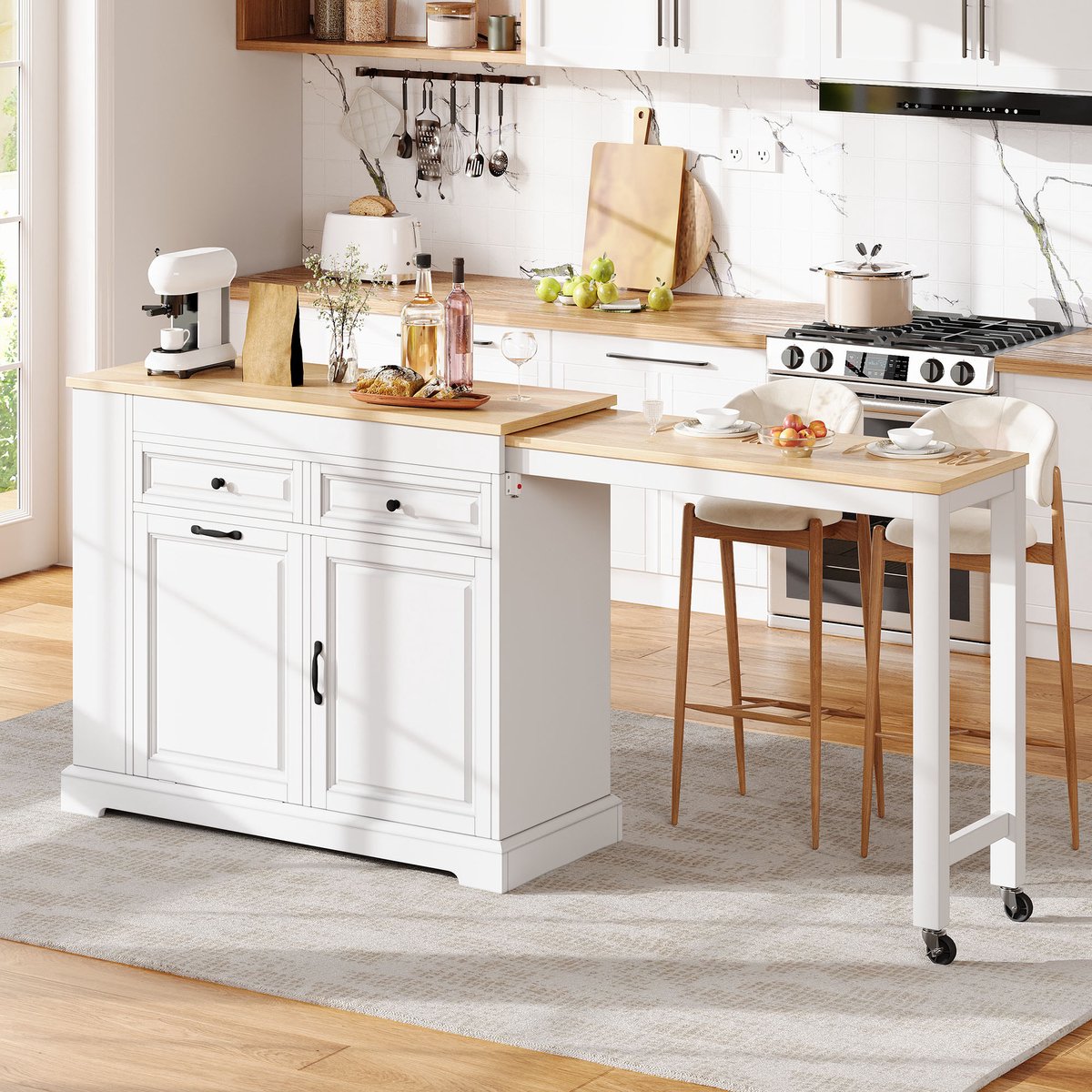 MODFU - Eettafel - Uitschuifbaar - Op Rollen - Keuken - MDF En Spaanplaat - Wit En Naturel