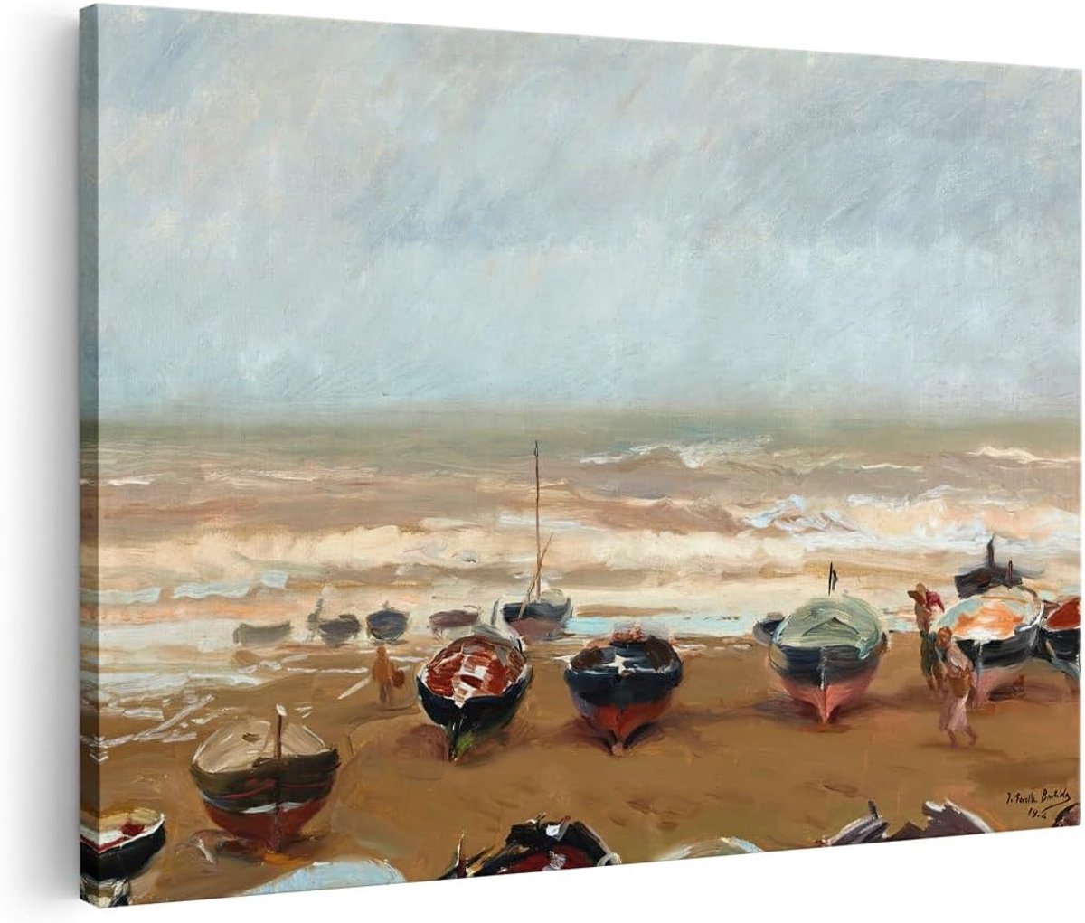 Canvas schilderij zee 30x20 cm - vissersboten kust - wanddecoratie landschap - uniek cadeau - ShopVlot