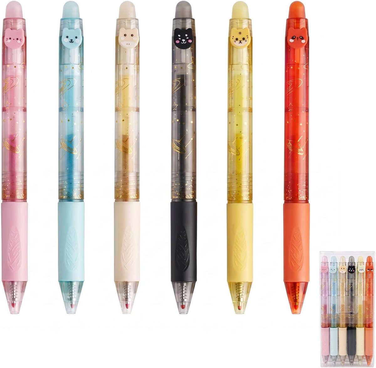 Set van 6 kattenglittergelpennen - uitwisbaar 0,7 mm - Kawaii design - perfect voor journaling - ShopVlot