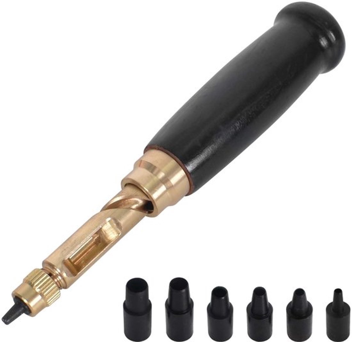 Japanse schroefpons, verstelbaar lederen ponsgereedschap, lederen perforator, automatische perforatiekit, 6 tips, geschikt voor het ponsen van riemen, voor lederwerk (zwarte handgreep)