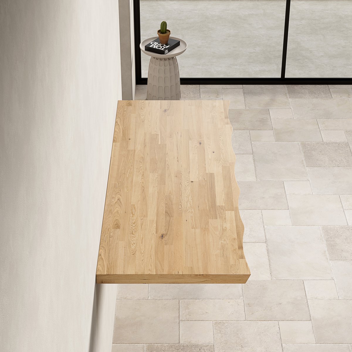 REDOM - Tafelblad - Golvende rand - Niet voorgeboord - Voor tafel of badkamermeubel - Hout - Natuurlijke houtkleur - 120 x 48,5 x 3,8 cm