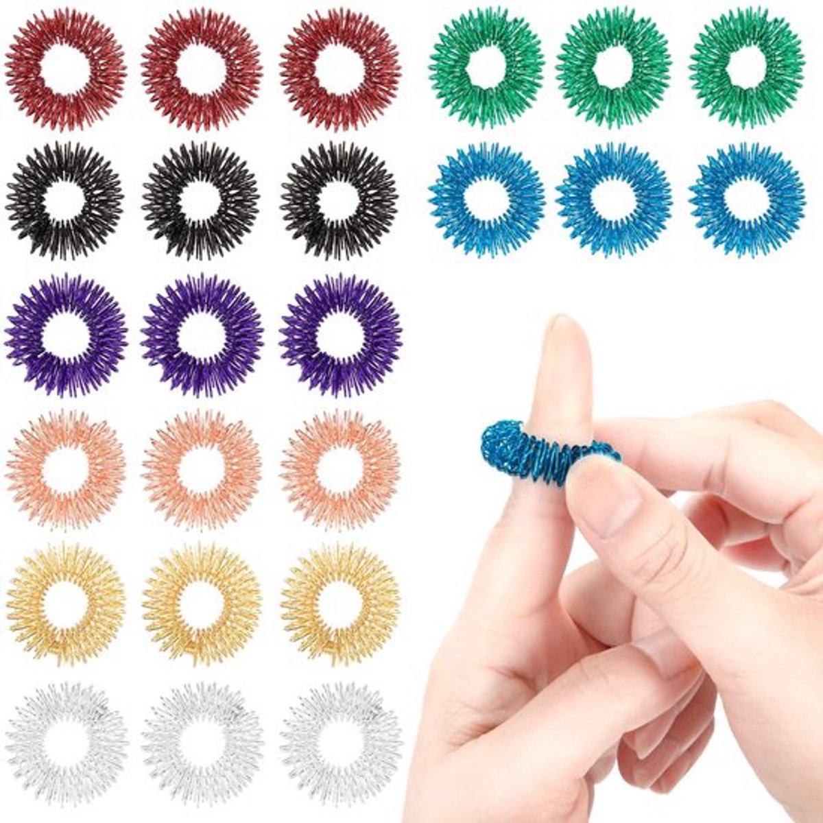 Acupressuurring Set 32 Stuks - Massageringen voor Vingers - Stressvermindering - Sensorische Ringen - Elastisch Ontwerp - Verbetert Bloedcirculatie - Vingermassagering