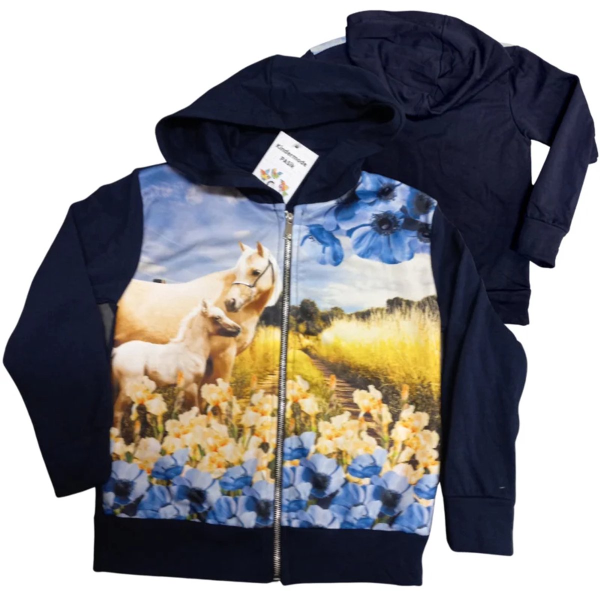 Blauw kindervest met paarden en bloemen - Blauw - 110/116