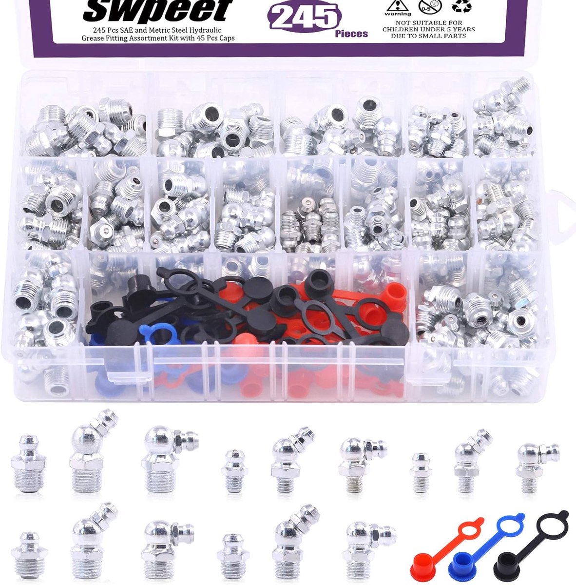 Smeernippels set 246 stuks - 1/4 inch en 1/8 inch - recht, 45 graden, 90 graden - ideaal voor hydraulische systemen - ShopVlot