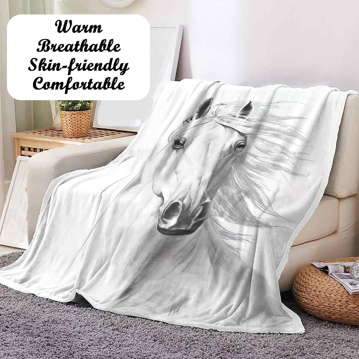 Horse Cuddly Blanket, Flannel Blanket, Fleece Blanket, Fluffy Soft and Warm 3D Horse Blanket Sofa Blanket Sofa Blanket - ShopVlot