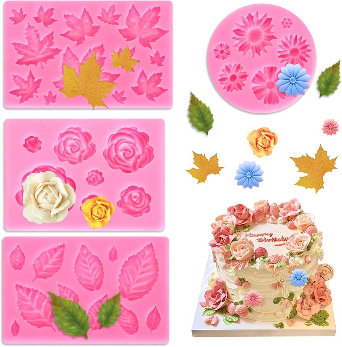 4 Pieces Silicone Moulds, Pink, Silicone Moulds, Casting Molds, 3D Roses and Leaves, Silicone Moulds, Flowers, Dessert - ShopVlot