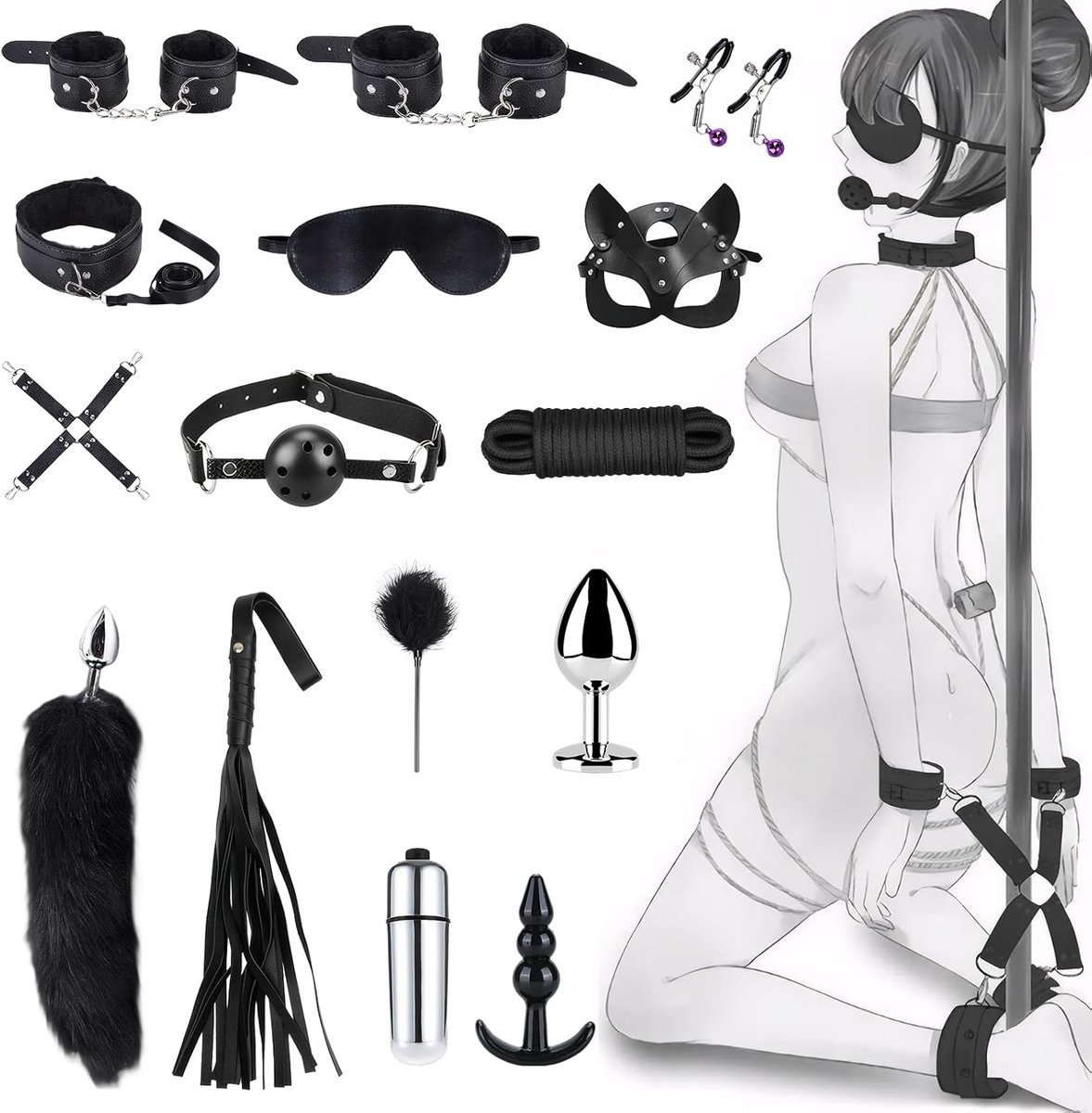 Bondage Set 15 Piece Fox Head Fixation Set and Passion Beginner Bondage Set with Anal Plug Set, Handcuffs, Bondage - ShopVlot