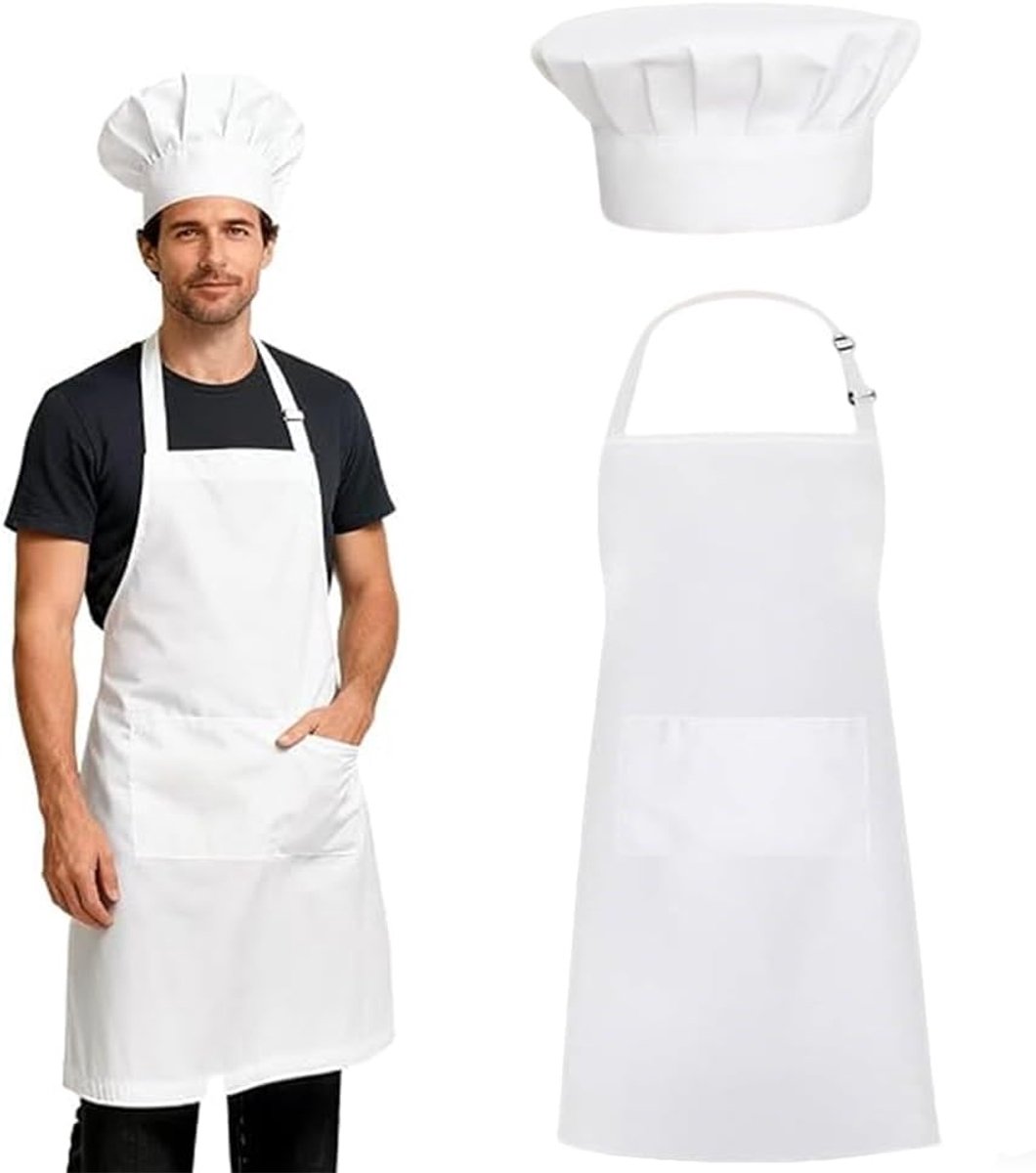 Koksmuts en Schortset, Wit, Verstelbaar, Waterolie Bestendig, met Zakken, voor Thuis, Keuken, Restaurants en Hotels - ShopVlot