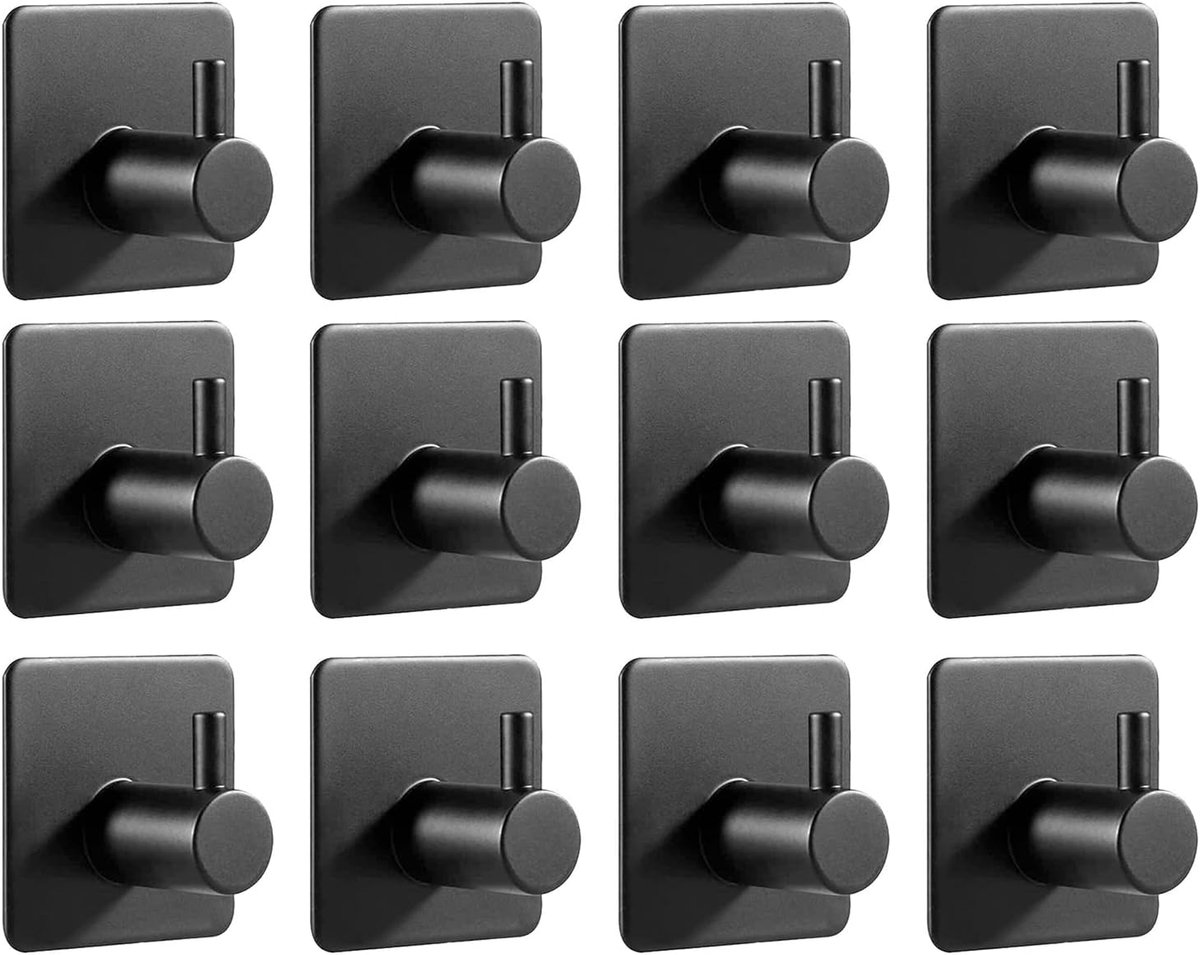 Feligio Zelfklevende haken, zwart, 12 stuks, 304 roestvrij staal, badjashaken, zelfklevende wandhaken, haken zonder - ShopVlot