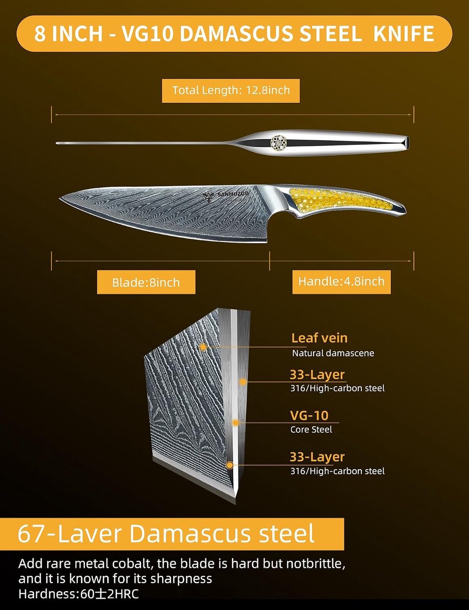 Chef Knife, 20 cm, Kitchen Knife Made of VG-10 Damask Steel, Ultra-Sharp Kitchen Knife with Complete Herringbone - ShopVlot