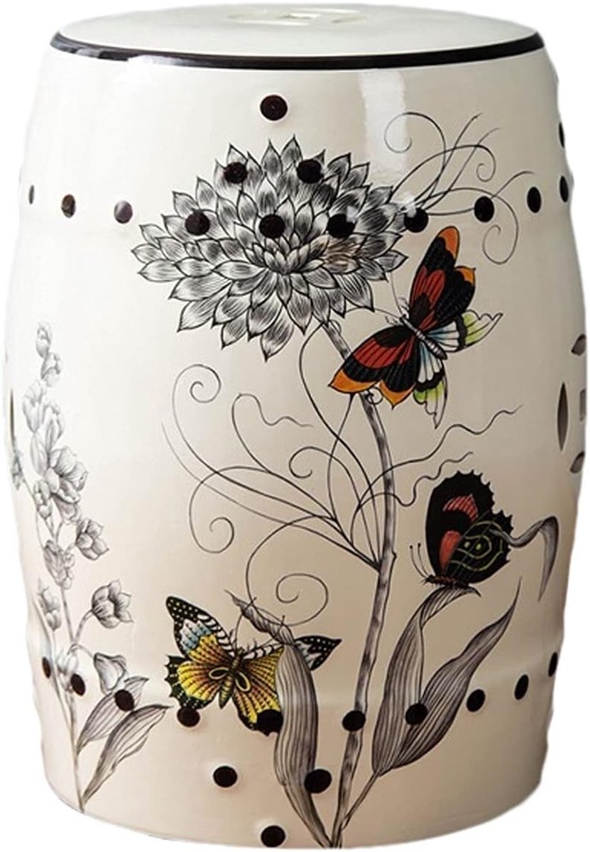 Outdoor Butterfly Flower Ceramic Drum Stool, Garden Decoration Stool, Household Stool, Portable Table, Living Room - ShopVlot