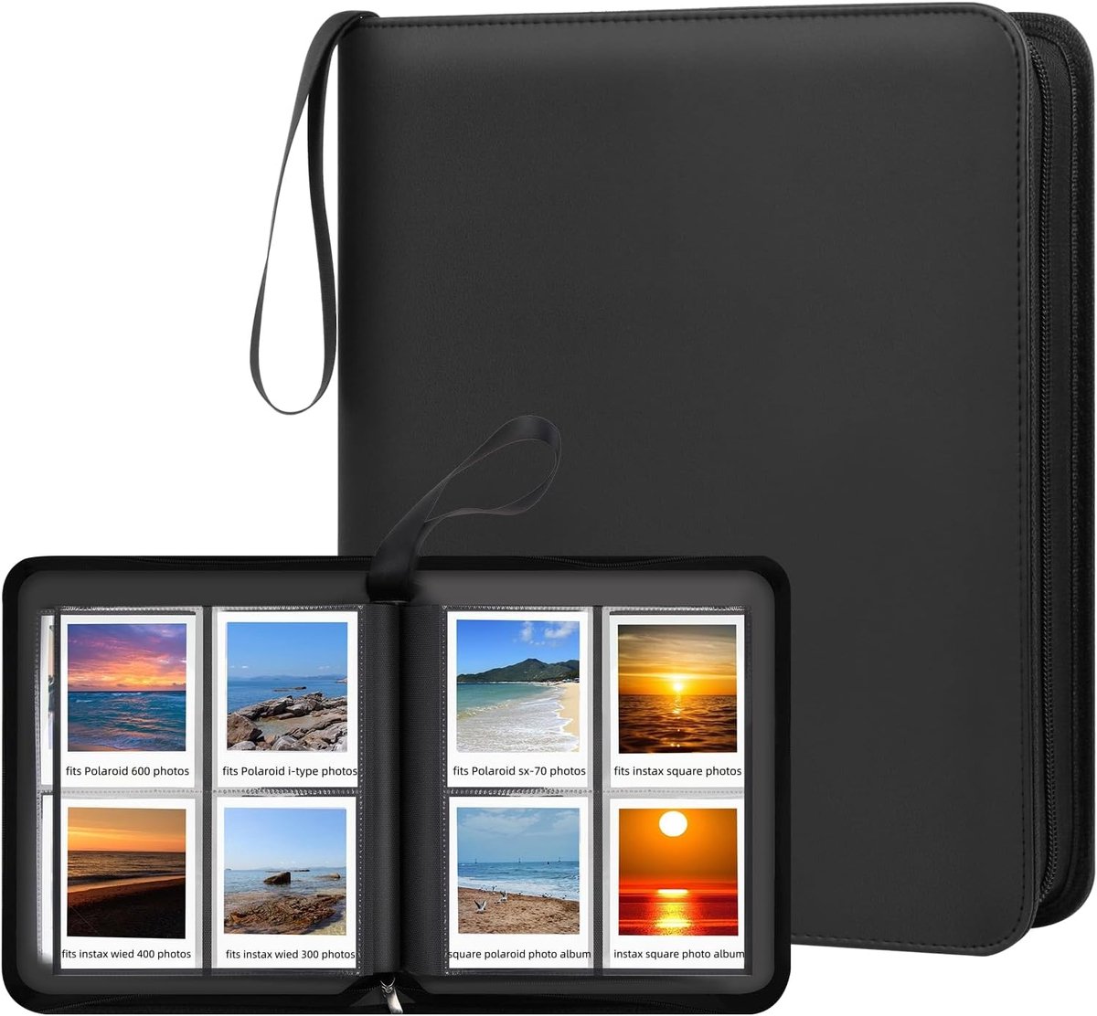Fotoalbum voor Polaroid i-Type - 600 - SX-70 Foto's - 256 Vakken - Zwart - PU Leren Cover - Ritssluiting - Handlus - Zuurvrije Pagina's - Veilig Bewaren van Polaroid Foto's - 9× 11 cm (B × H) Fotovakken