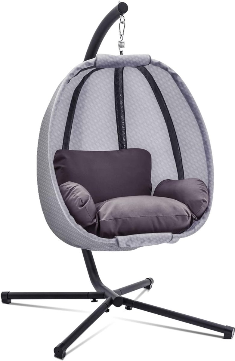 QUOVO® Hangstoel Cocoon - Egg Hangstoel – Hang Stoel Met Standaard – Egg Chair Inclusief Kussens – Voor Binnen Of Buiten – Hangstoelen - Gewicht tot 150 Kg - Grijs - 96cm x 96cm x 175cm
