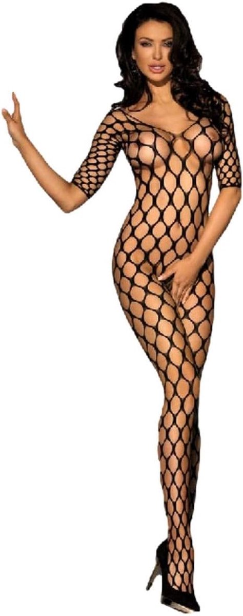 krautwear® Women's Bodystocking Negligée mini dress open fishnet net catsuit thong body open lace stockings nylon - ShopVlot