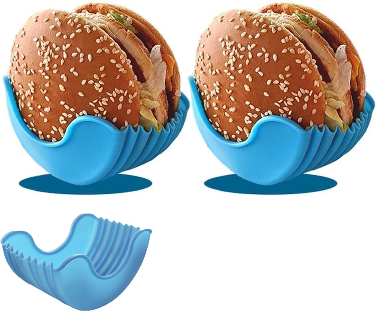 KZQ 2-delige siliconen hamburgerhouder - Antislip en herbruikbaar - Voedselveilig en rommelvrij - Geschikt voor kinderen en volwassenen - Blauw