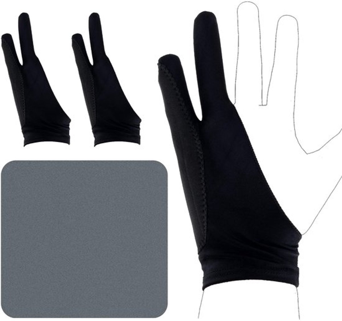 Tekenhandschoen met twee vingers voor iPad en tekentablet, 20x8 cm, met reinigingsdoekje en vlekwerende coating, geschikt voor zowel rechter- als linkerhand (maat M)