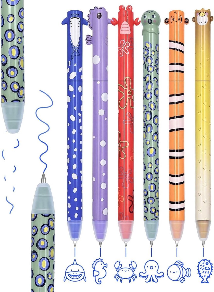 Set van 6 uitwisbare balpennen 0,7 mm - thermogevoelige inkt - kleurrijke zeedieren - zacht schrijven - ShopVlot