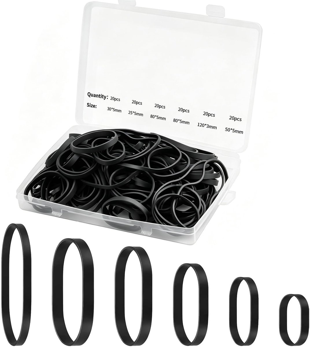 Solidchoice - Set van 120 Zwarte Rubber Elastieken in 6 Maten