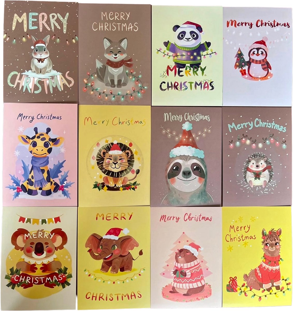 Kerstkaarten Dieren Set van 12 Stuks met Enveloppen - Schattige Dieren Kerstkaartenset A6 - FIFO - Luiaard, Giraffe, Alpaca, Olifant, Panda, Pinguïn, Capybara