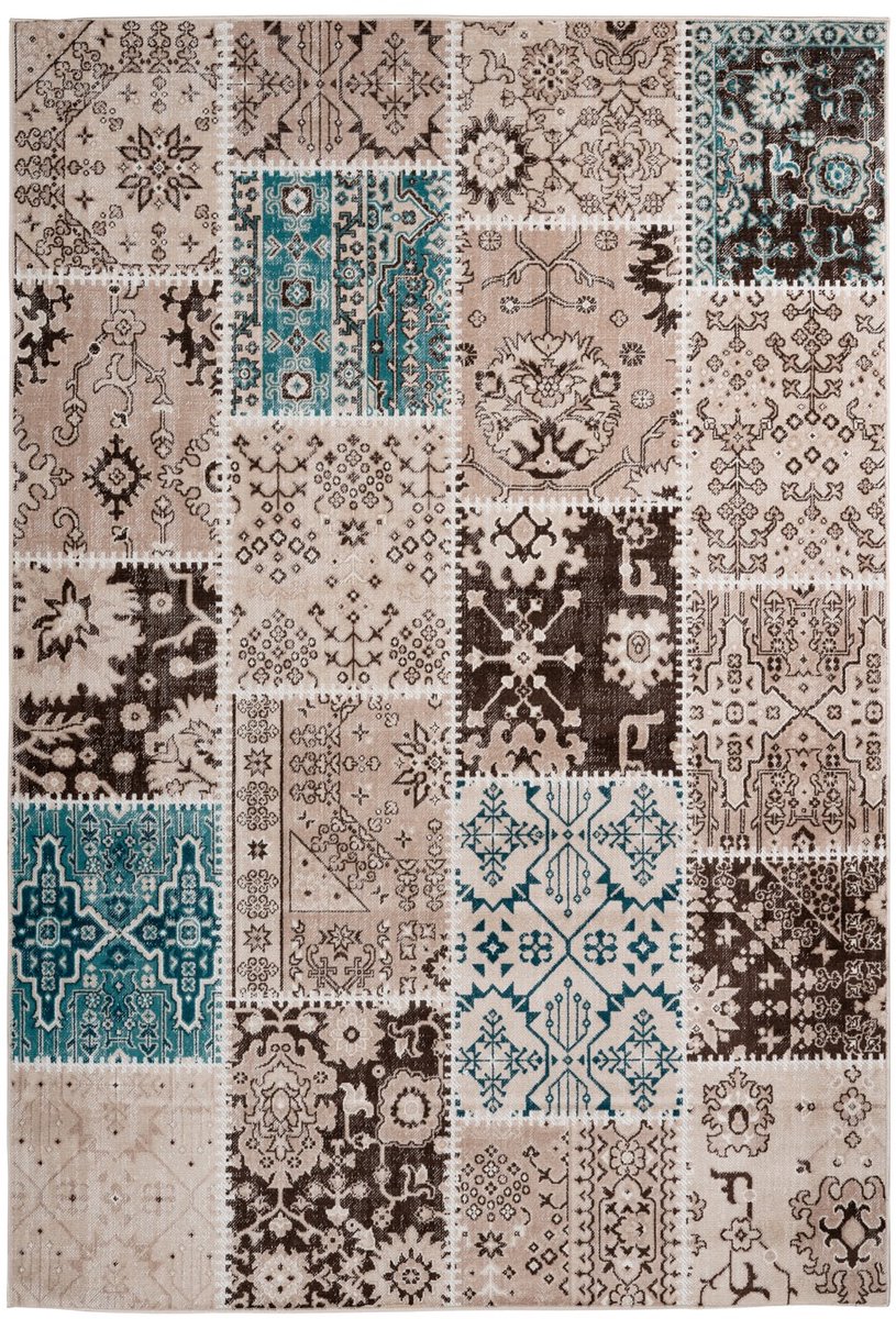 Padiro laagpolig vloerkleed 160 x 230 cm - taupe - vintage oosters patchwork - geschikt voor vloerverwarming - van polypropyleen