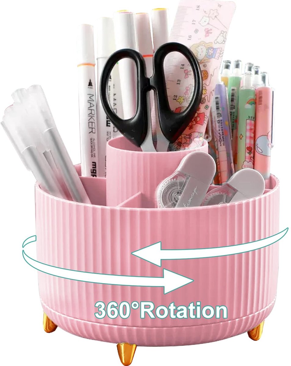 Roterende pennenhouder bureauorganizer - 360 graden make-up borstelhouder - 5 compartimenten - roze