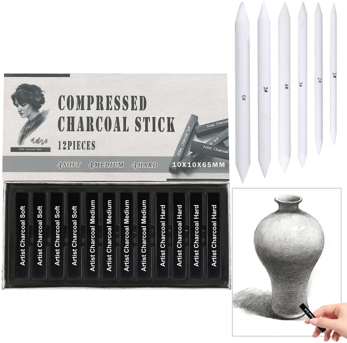 Solidchoice - Set van 12 Houten Charcoal Potloden met 6 Gum