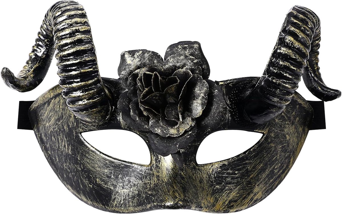 Steampunk Venetiaans Masker voor Mannen - Gouden Gothic Hoornmasker - Duivelsmasker met Bloemen - ShopVlot