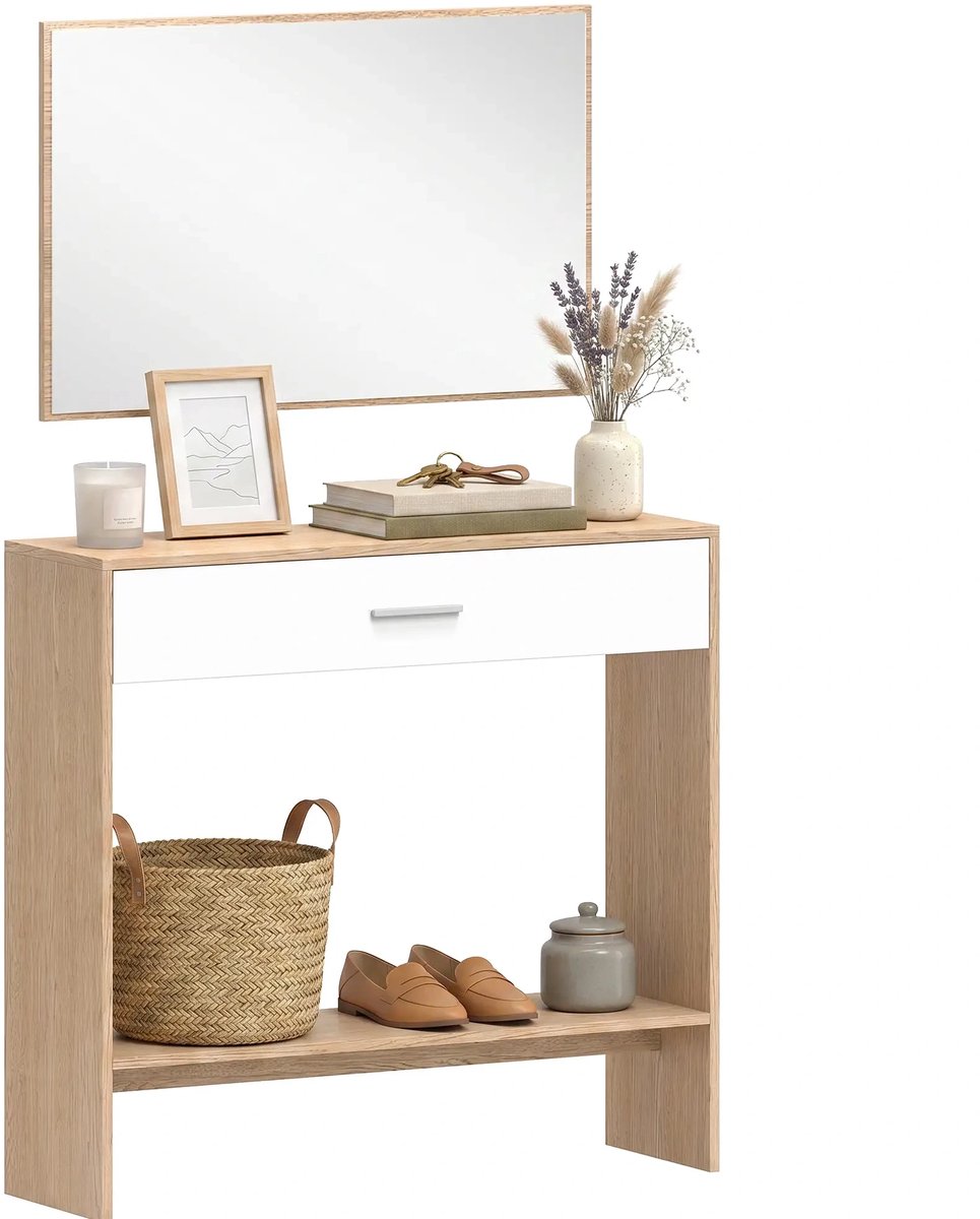 OKWISH Kaptafel Met Spiegel En Lade - Moderne Console Tafel Voor Hal En Woonkamer - MDF Naturel Wit - 91,5x27,9x85,5 Cm