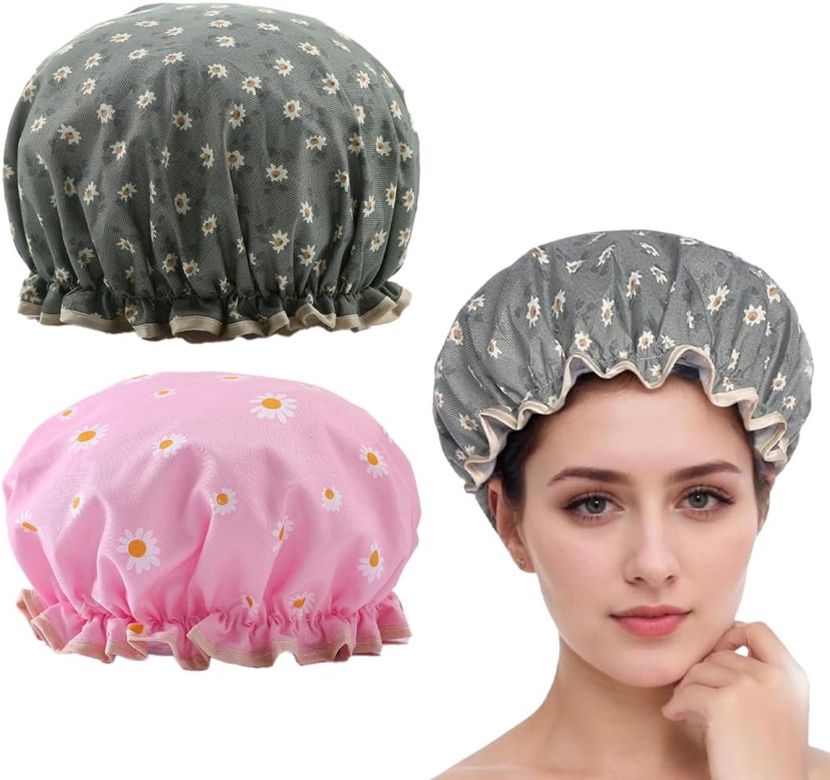 Douchemutsen voor dames, waterdicht, herbruikbaar, met elastische band, madeliefjesdesign, ideaal voor douches - ShopVlot