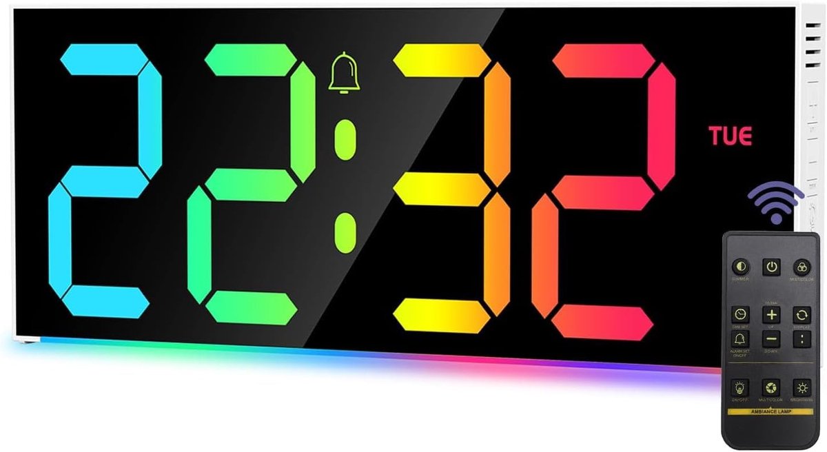 Digital Wall Clock, 12" RGB Colorful Alarm Clock with Remote Control, Silent Wall Clock with 5 Brightness Levels, Time - ShopVlot