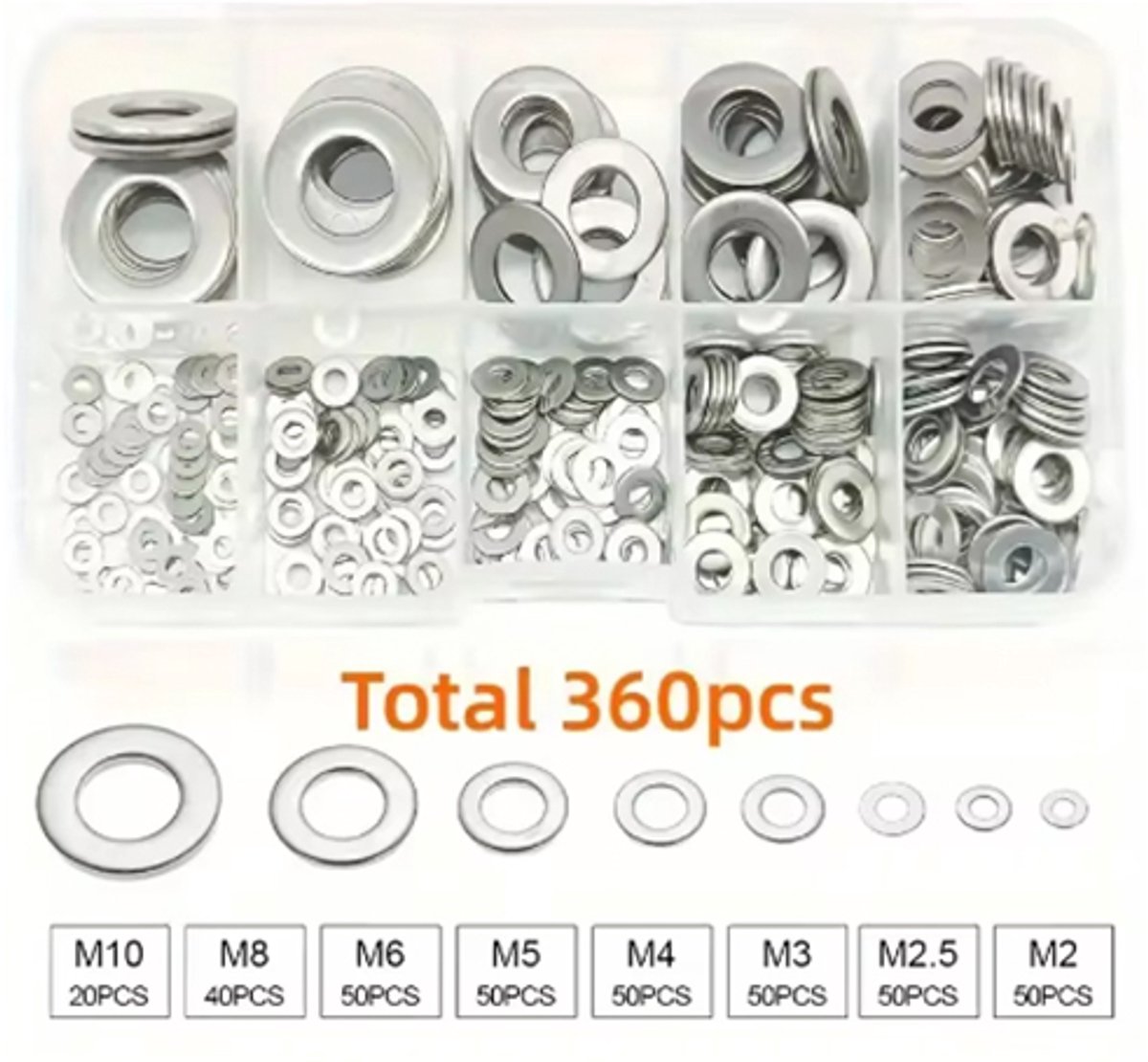 RVS Carrosseriering assortiment 360 delig - 8 Maten (M2, M2.5, M3, M4, M5, M6, M8, M10 )