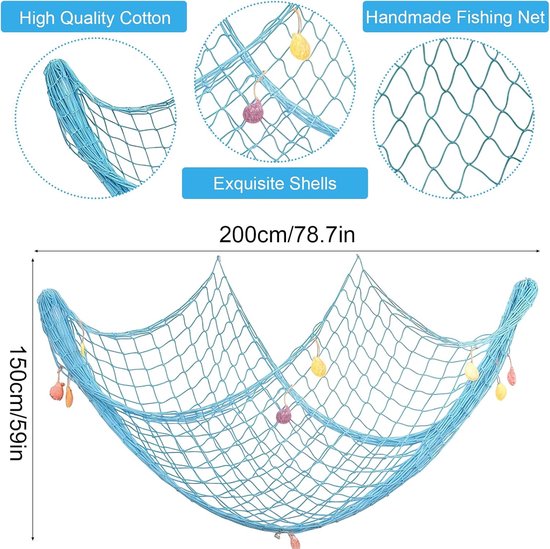 AYEUPZ 150cm x 200cm Fishing Net Wall Decoration Fishing Net Decoration Large Beach Themes Fishing Net Wall Hanging - ShopVlot — afbeelding 5