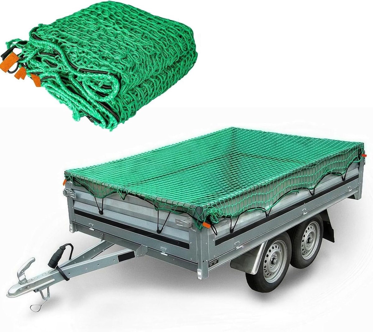 Transportnet met 45 x 45 mm maaswijdte, uitgerust met elastische koorden, 4 oranje hoekmarkeringen en groene - ShopVlot