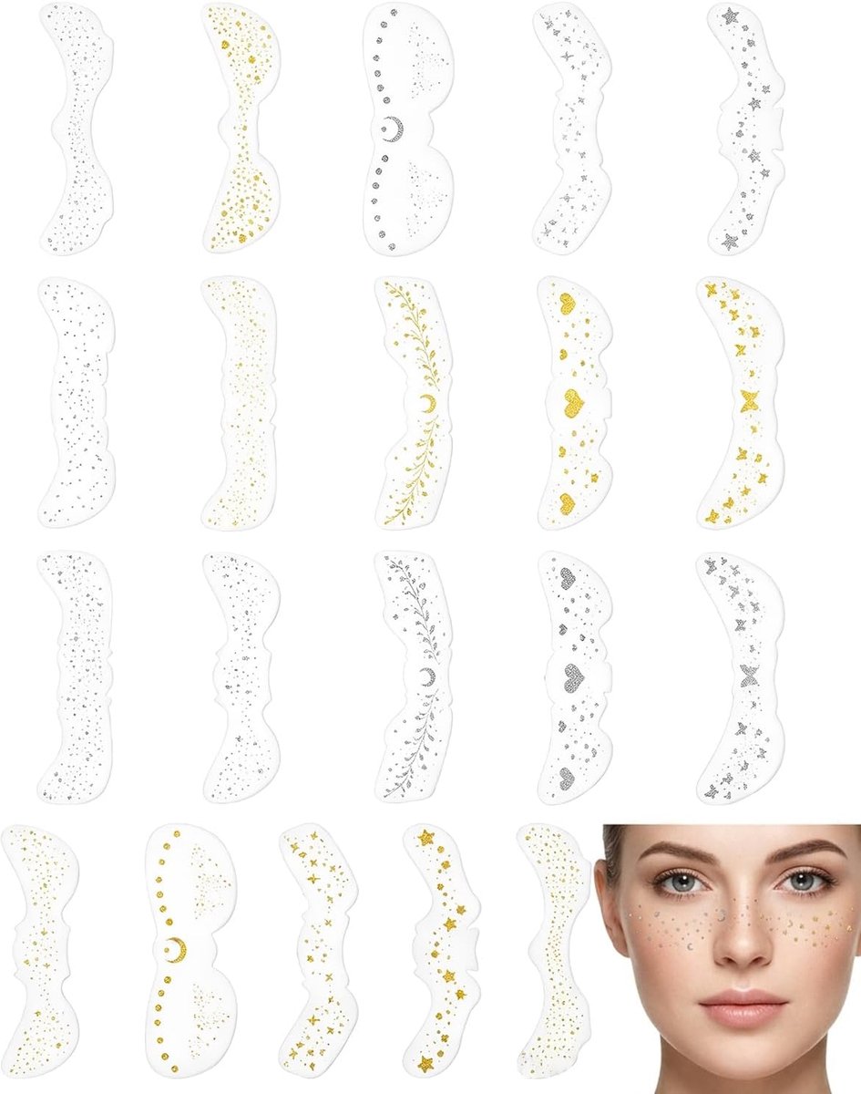 Glitter sproeten tattoo, 20 stuks goud zilver tijdelijke gezichtstatoeages voor vrouwen - ShopVlot
