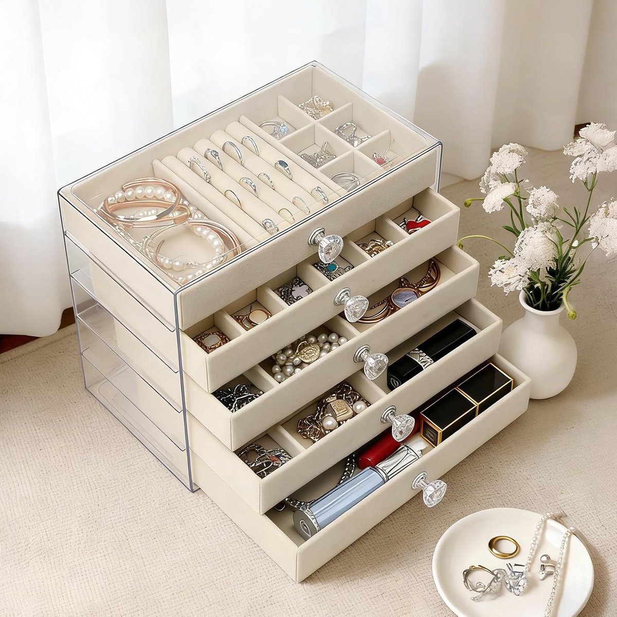 5 Tier Jewellery Box for Women Bedroom Jewellery Holder with Transparent Acrylic Bowl Jewelry Holder Bedside Jewellery - ShopVlot